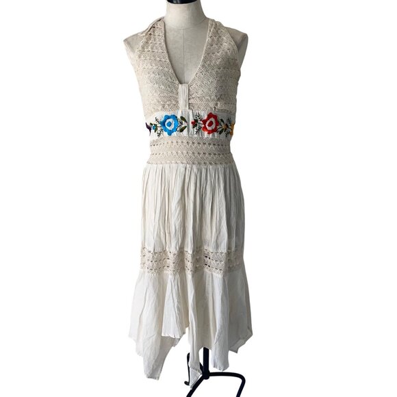 Vintage Womens Dress Size Medium Cream Embroidered Halter Maxi Mexican - Picture 1 of 13